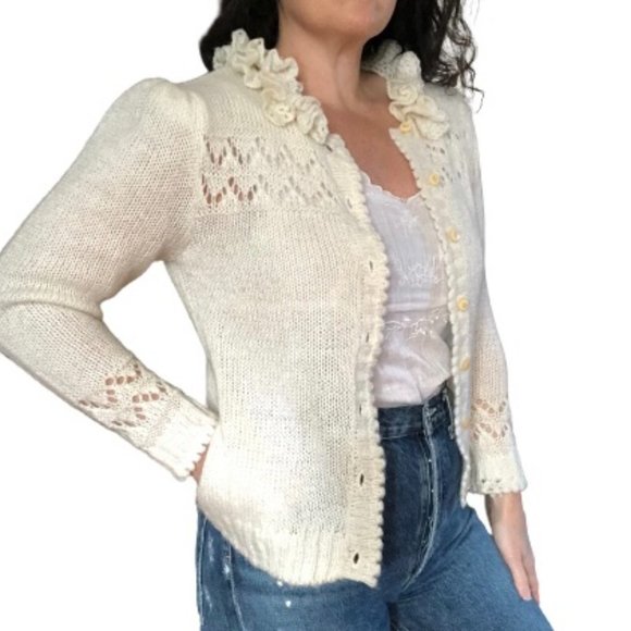 Vtg Puff Sleeve Pockets Ruffle Cut Work Knit Granny Grandma Cardigan Sweater S/M - Picture 1 of 17